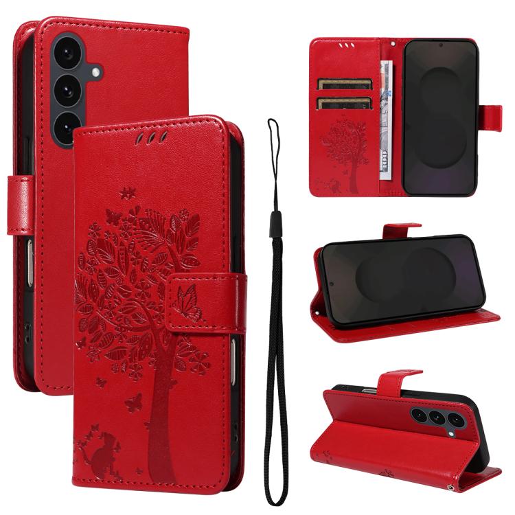 Custodia per telefono in pelle con motivo in rilievo albero e gatto, For Galaxy S26 5G, For Galaxy S25 FE 5G