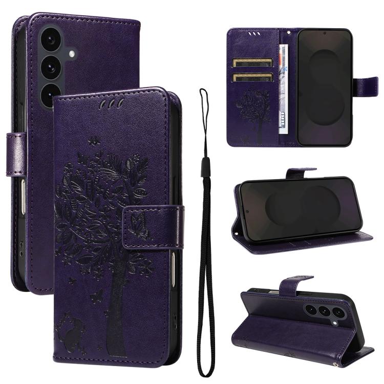 Custodia per telefono in pelle con motivo in rilievo albero e gatto, For Galaxy S26 5G, For Galaxy S25 FE 5G