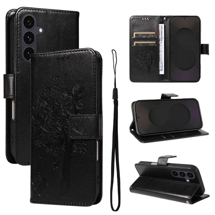 Custodia per telefono in pelle con motivo in rilievo albero e gatto, For Galaxy S26 5G, For Galaxy S25 FE 5G