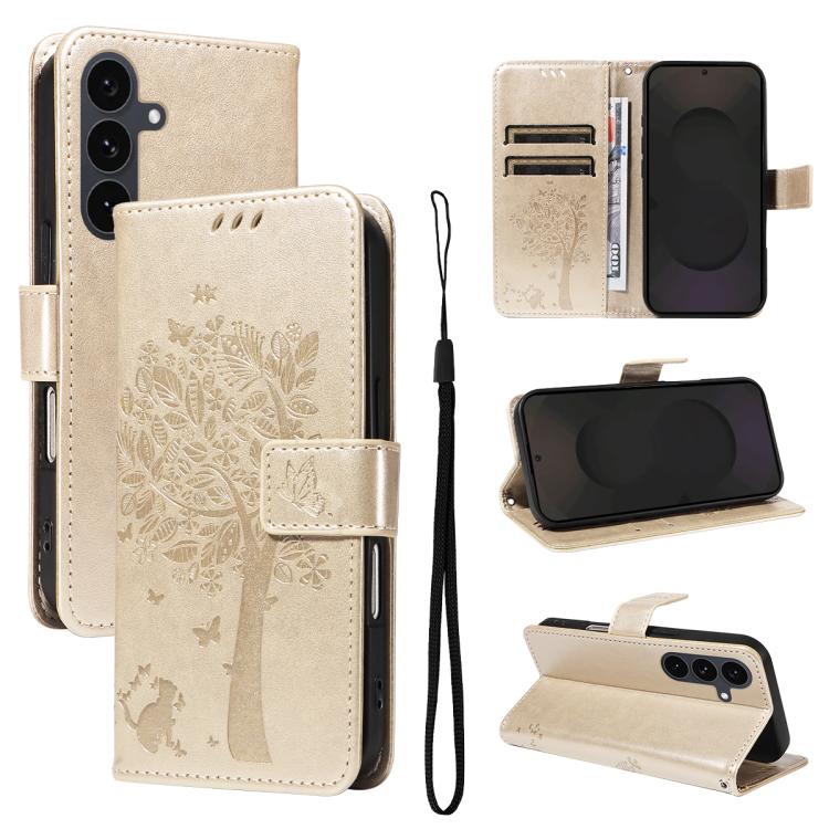 Custodia per telefono in pelle con motivo in rilievo albero e gatto, For Galaxy S26 5G, For Galaxy S25 FE 5G