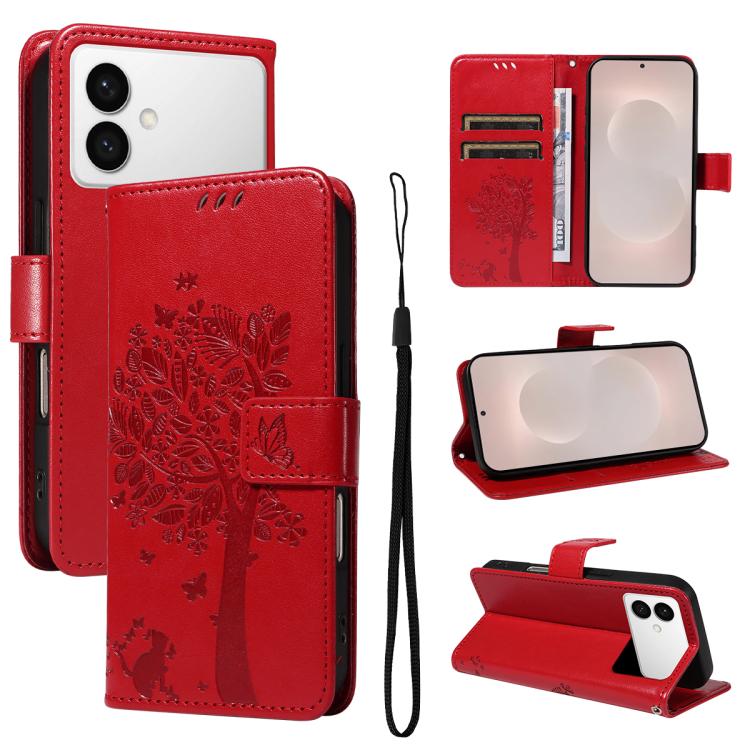Custodia per telefono in pelle con motivo in rilievo albero e gatto, For Galaxy S26 Edge 5G, For Galaxy S26 Ultra 5G