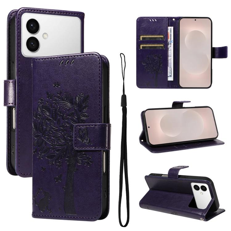Custodia per telefono in pelle con motivo in rilievo albero e gatto, For Galaxy S26 Edge 5G, For Galaxy S26 Ultra 5G