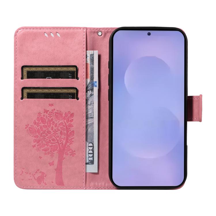 Custodia per telefono in pelle con motivo in rilievo albero e gatto, For Galaxy S26 5G, For Galaxy S25 FE 5G