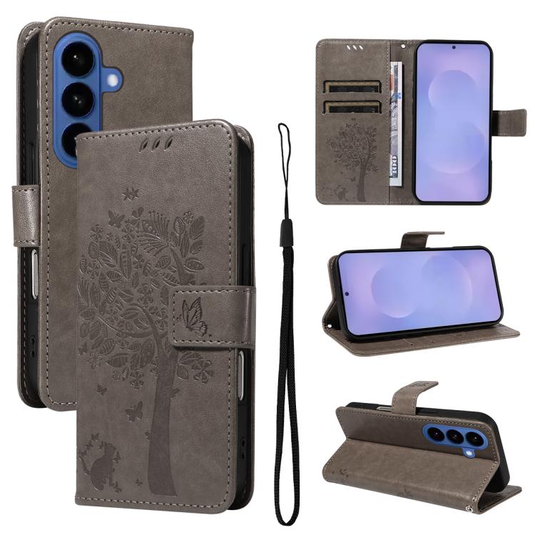 Custodia per telefono in pelle con motivo in rilievo albero e gatto, For Galaxy S26 5G, For Galaxy S25 FE 5G