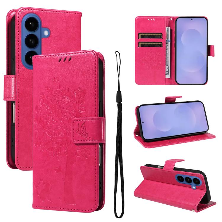 Custodia per telefono in pelle con motivo in rilievo albero e gatto, For Galaxy S26 5G, For Galaxy S25 FE 5G