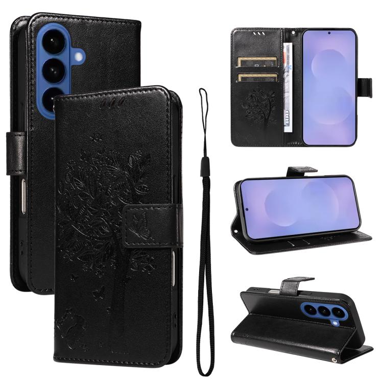 Custodia per telefono in pelle con motivo in rilievo albero e gatto, For Galaxy S26 5G, For Galaxy S25 FE 5G