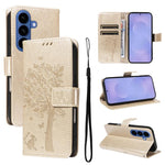 Custodia per telefono in pelle con motivo in rilievo albero e gatto, For Galaxy S26 5G, For Galaxy S25 FE 5G