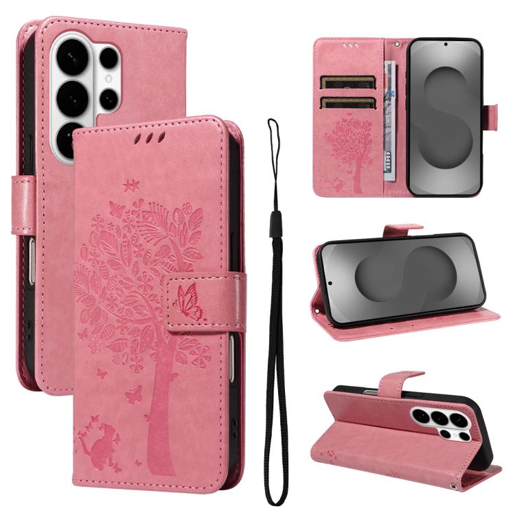 Custodia per telefono in pelle con motivo in rilievo albero e gatto, For Galaxy S26 Edge 5G, For Galaxy S26 Ultra 5G