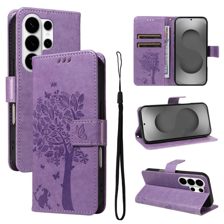 Custodia per telefono in pelle con motivo in rilievo albero e gatto, For Galaxy S26 Edge 5G, For Galaxy S26 Ultra 5G