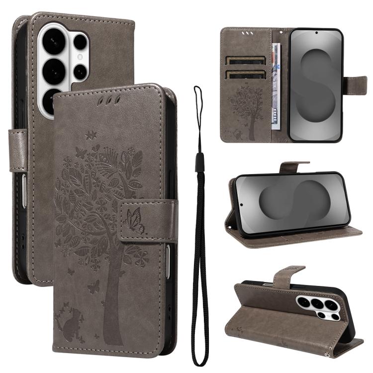 Custodia per telefono in pelle con motivo in rilievo albero e gatto, For Galaxy S26 Edge 5G, For Galaxy S26 Ultra 5G