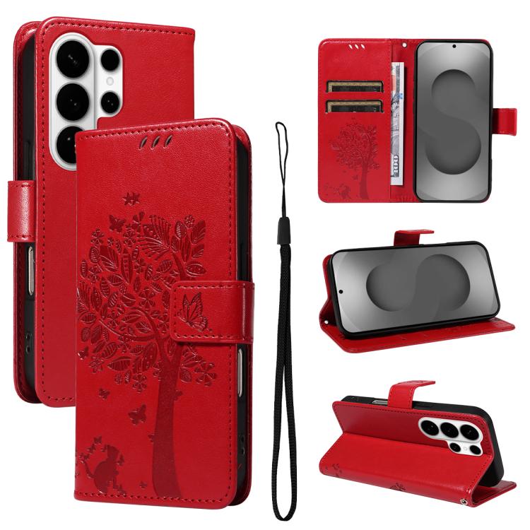 Custodia per telefono in pelle con motivo in rilievo albero e gatto, For Galaxy S26 Edge 5G, For Galaxy S26 Ultra 5G