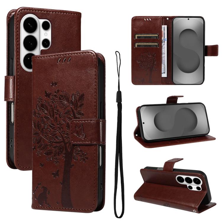 Custodia per telefono in pelle con motivo in rilievo albero e gatto, For Galaxy S26 Edge 5G, For Galaxy S26 Ultra 5G