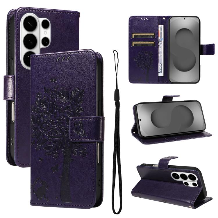 Custodia per telefono in pelle con motivo in rilievo albero e gatto, For Galaxy S26 Edge 5G, For Galaxy S26 Ultra 5G