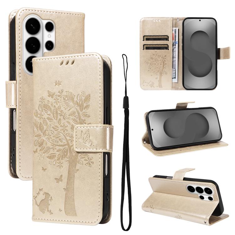 Custodia per telefono in pelle con motivo in rilievo albero e gatto, For Galaxy S26 Edge 5G, For Galaxy S26 Ultra 5G