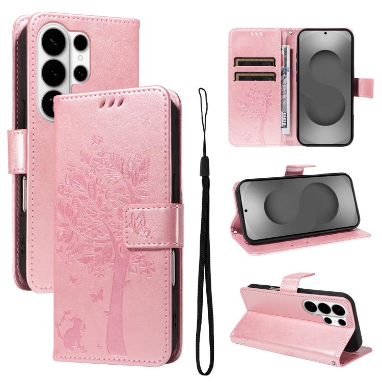 Custodia per telefono in pelle con motivo in rilievo albero e gatto, For Galaxy S26 Edge 5G, For Galaxy S26 Ultra 5G
