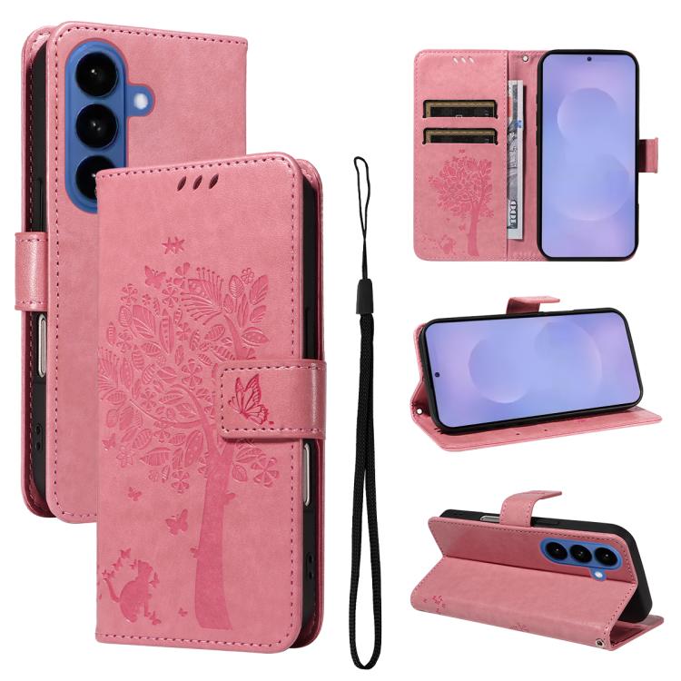 Custodia per telefono in pelle con motivo in rilievo albero e gatto, For Galaxy S26 FE 5G, For Galaxy S26+ 5G