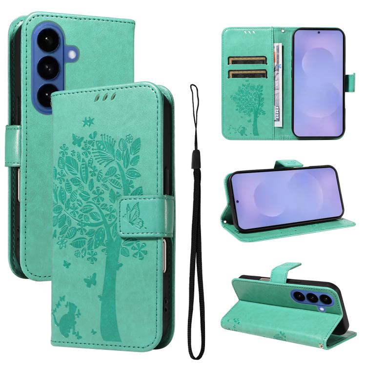 Custodia per telefono in pelle con motivo in rilievo albero e gatto, For Galaxy S26 FE 5G, For Galaxy S26+ 5G