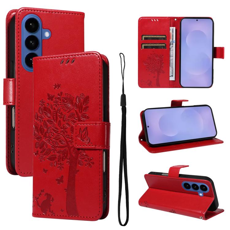 Custodia per telefono in pelle con motivo in rilievo albero e gatto, For Galaxy S26 FE 5G, For Galaxy S26+ 5G