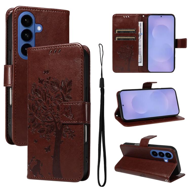 Custodia per telefono in pelle con motivo in rilievo albero e gatto, For Galaxy S26 FE 5G, For Galaxy S26+ 5G
