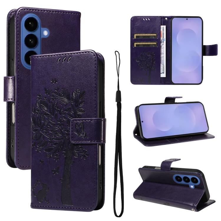 Custodia per telefono in pelle con motivo in rilievo albero e gatto, For Galaxy S26 FE 5G, For Galaxy S26+ 5G