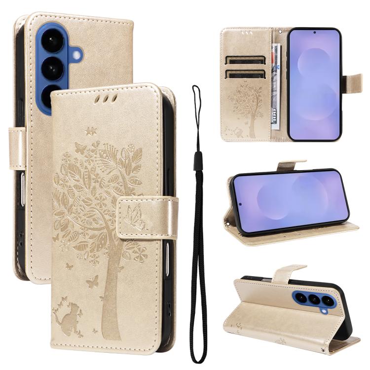 Custodia per telefono in pelle con motivo in rilievo albero e gatto, For Galaxy S26 FE 5G, For Galaxy S26+ 5G