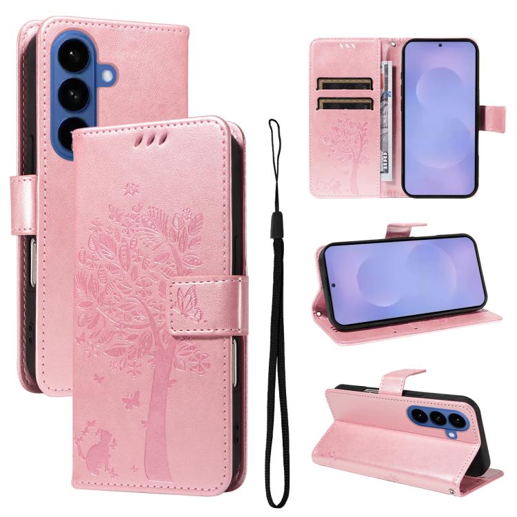 Custodia per telefono in pelle con motivo in rilievo albero e gatto, For Galaxy S26 FE 5G, For Galaxy S26+ 5G