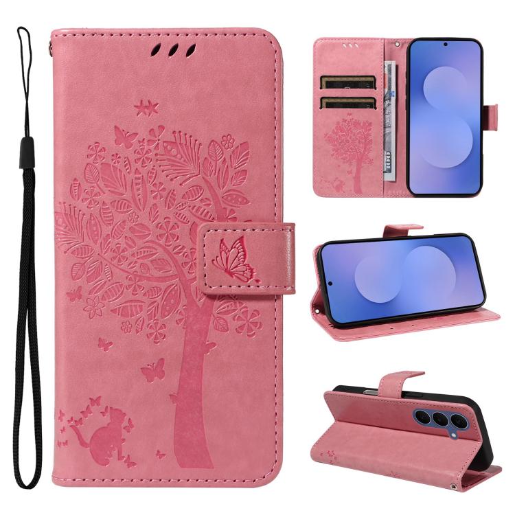 Custodia per telefono in pelle con motivo in rilievo albero e gatto, For Galaxy S26 FE 5G, For Galaxy S26+ 5G