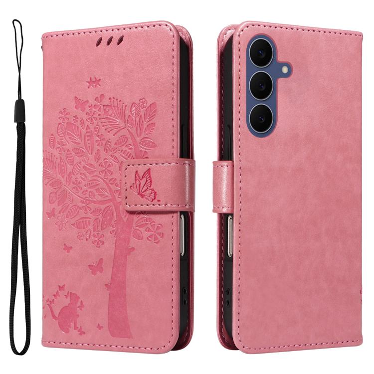 Custodia per telefono in pelle con motivo in rilievo albero e gatto, For Galaxy S26 FE 5G, For Galaxy S26+ 5G