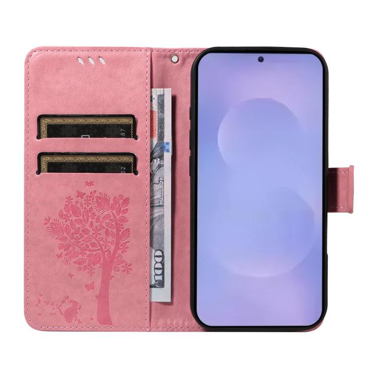 Custodia per telefono in pelle con motivo in rilievo albero e gatto, For Galaxy S26 FE 5G, For Galaxy S26+ 5G