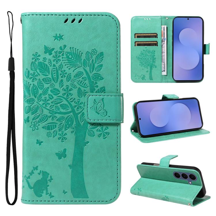 Custodia per telefono in pelle con motivo in rilievo albero e gatto, For Galaxy S26 FE 5G, For Galaxy S26+ 5G
