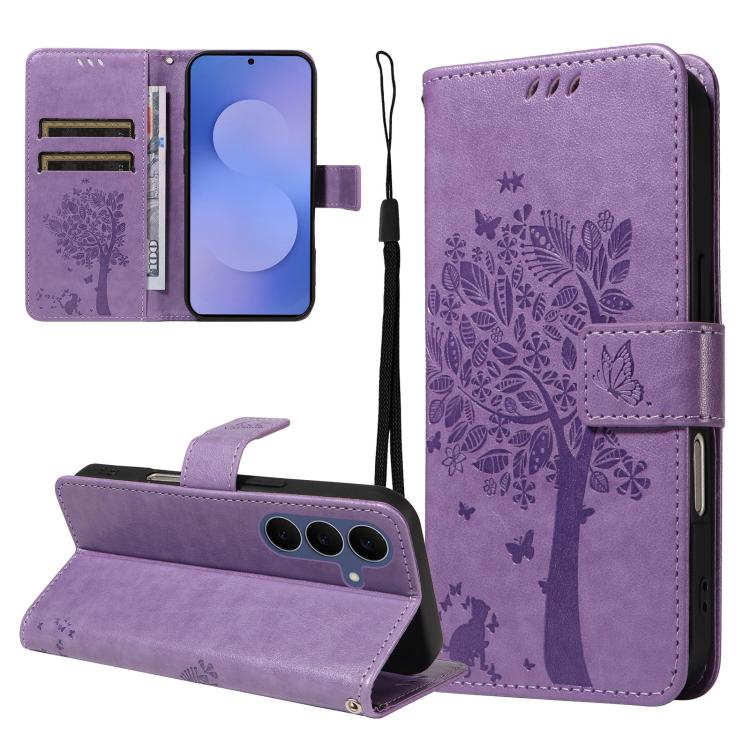 Custodia per telefono in pelle con motivo in rilievo albero e gatto, For Galaxy S26 FE 5G, For Galaxy S26+ 5G