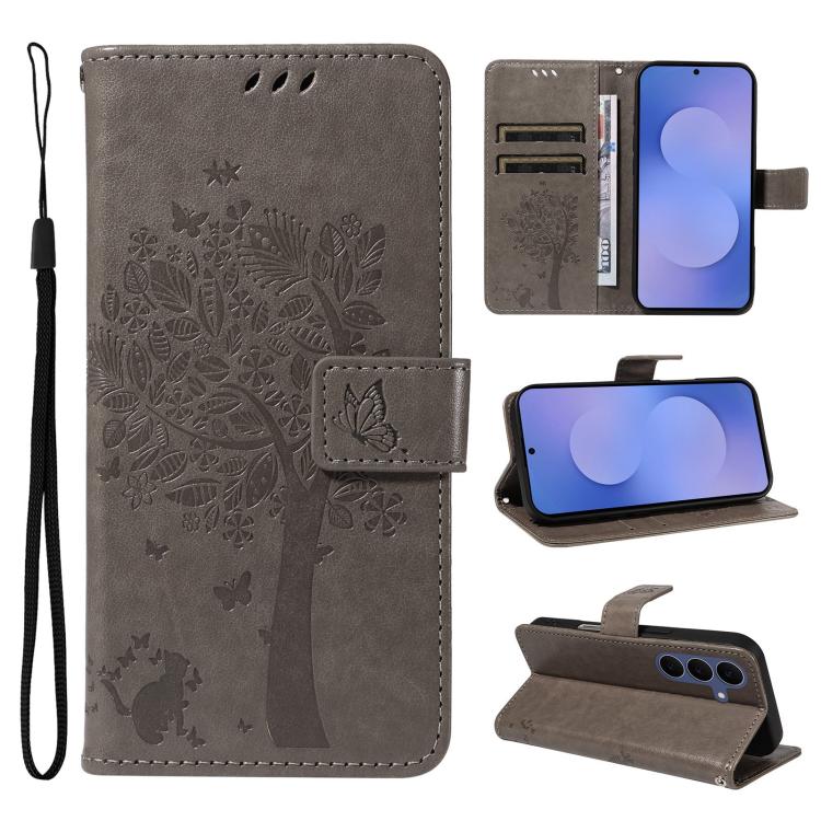 Custodia per telefono in pelle con motivo in rilievo albero e gatto, For Galaxy S26 FE 5G, For Galaxy S26+ 5G