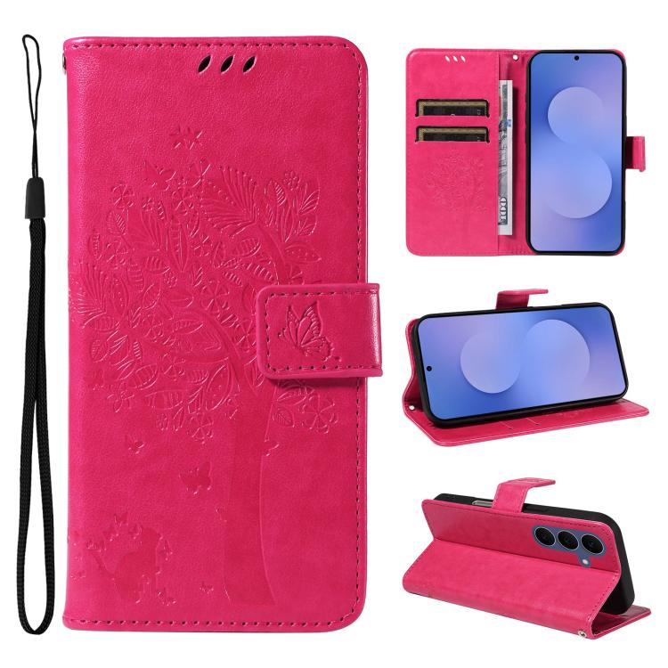 Custodia per telefono in pelle con motivo in rilievo albero e gatto, For Galaxy S26 FE 5G, For Galaxy S26+ 5G