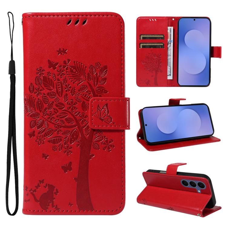 Custodia per telefono in pelle con motivo in rilievo albero e gatto, For Galaxy S26 FE 5G, For Galaxy S26+ 5G