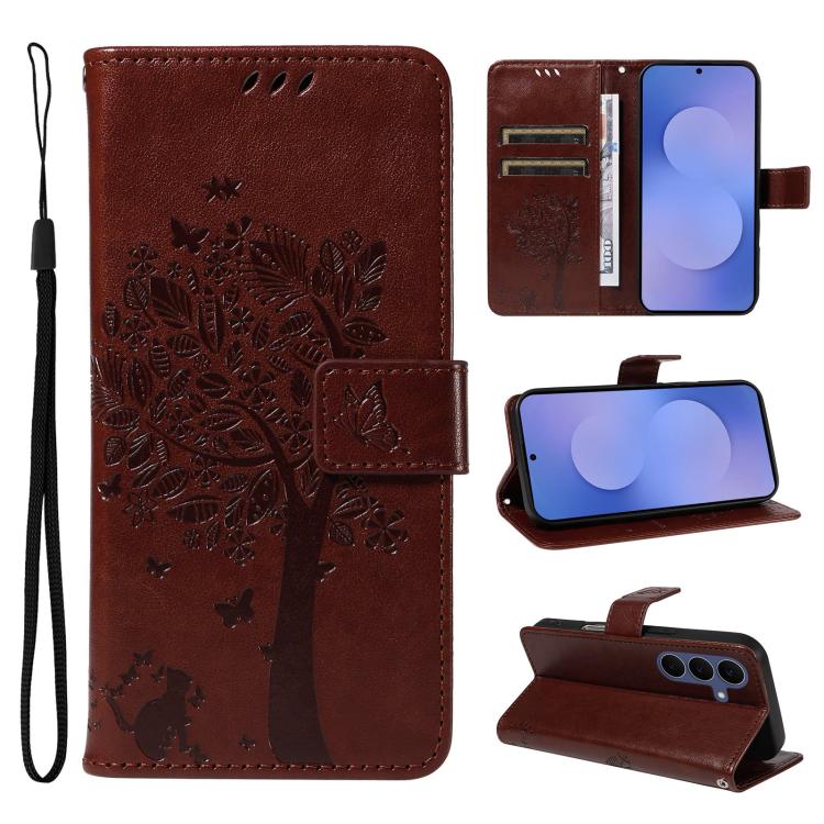 Custodia per telefono in pelle con motivo in rilievo albero e gatto, For Galaxy S26 FE 5G, For Galaxy S26+ 5G