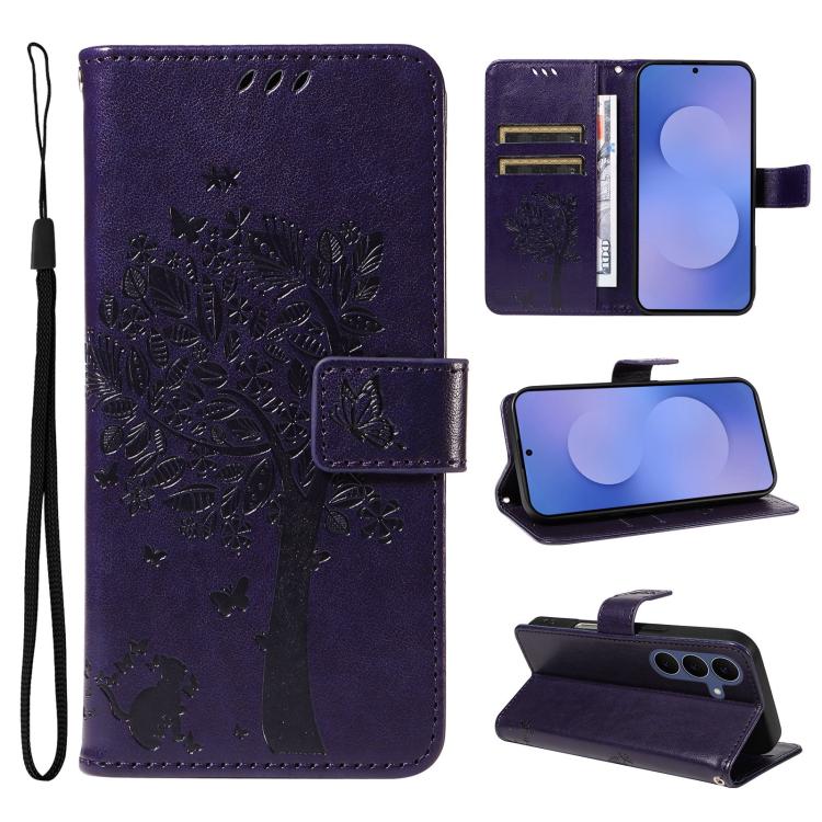 Custodia per telefono in pelle con motivo in rilievo albero e gatto, For Galaxy S26 FE 5G, For Galaxy S26+ 5G
