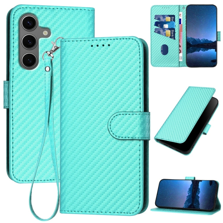 YX0070 Custodia per telefono in pelle con fibbia in fibra di carbonio e cordino, For Samsung Galaxy S25+ 5G, For Samsung Galaxy S25 Ultra 5G