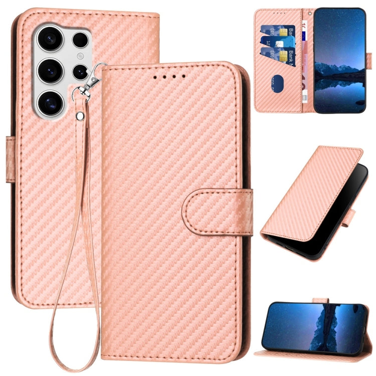 YX0070 Custodia per telefono in pelle con fibbia in fibra di carbonio e cordino, For Samsung Galaxy S25+ 5G, For Samsung Galaxy S25 Ultra 5G