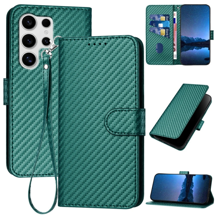YX0070 Custodia per telefono in pelle con fibbia in fibra di carbonio e cordino, For Samsung Galaxy S25+ 5G, For Samsung Galaxy S25 Ultra 5G