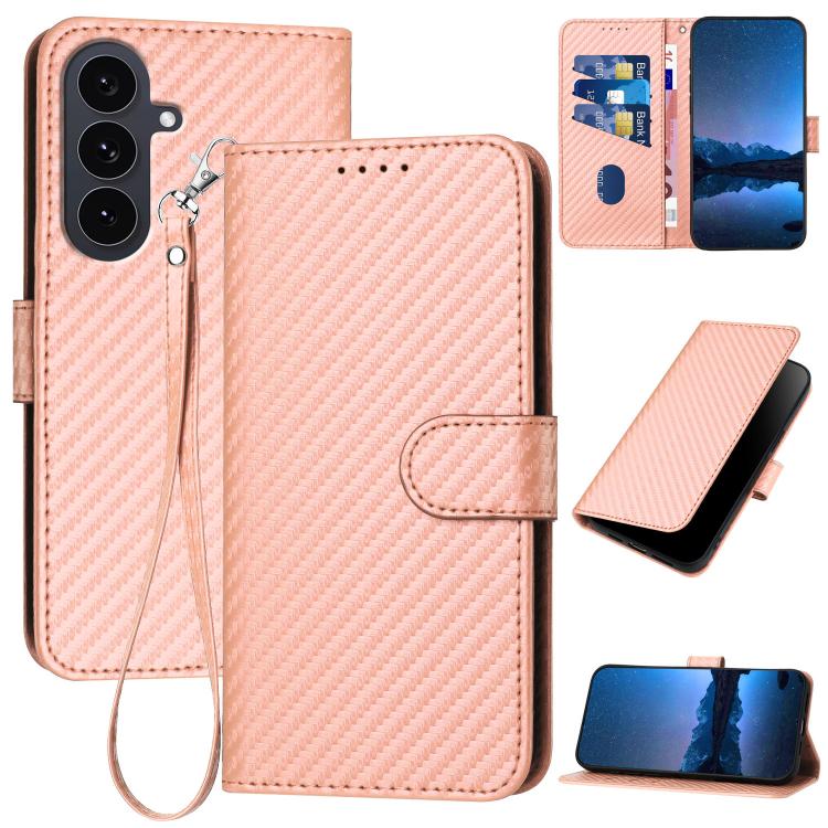 YX0070 Custodia per telefono in pelle con fibbia in fibra di carbonio e cordino, For Samsung Galaxy S26 5G, For Samsung Galaxy S25 FE 5G, For Samsung Galaxy S25 5G