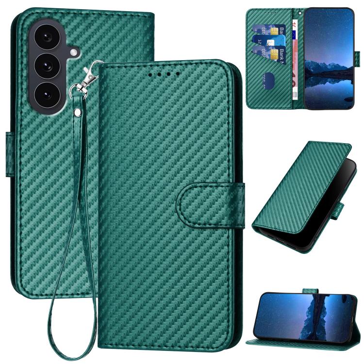 YX0070 Custodia per telefono in pelle con fibbia in fibra di carbonio e cordino, For Samsung Galaxy S26 5G, For Samsung Galaxy S25 FE 5G, For Samsung Galaxy S25 5G
