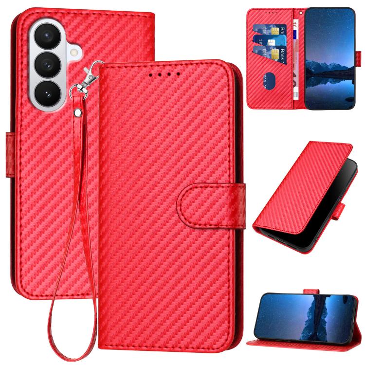 YX0070 Custodia per telefono in pelle con fibbia in fibra di carbonio e cordino, For Samsung Galaxy S26 5G, For Samsung Galaxy S25 FE 5G, For Samsung Galaxy S25 5G