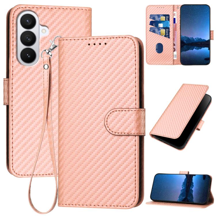YX0070 Custodia per telefono in pelle con fibbia in fibra di carbonio e cordino, For Samsung Galaxy S26 5G, For Samsung Galaxy S25 FE 5G, For Samsung Galaxy S25 5G