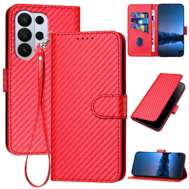 YX0070 Custodia per telefono in pelle con fibbia in fibra di carbonio e cordino, For Galaxy S26 FE 5G, For Samsung Galaxy S26 Edge 5G, For Samsung Galaxy S26 Ultra 5G
