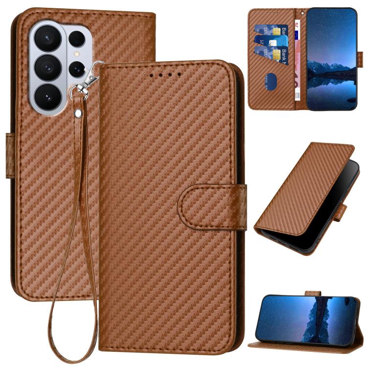 YX0070 Custodia per telefono in pelle con fibbia in fibra di carbonio e cordino, For Galaxy S26 FE 5G, For Samsung Galaxy S26 Edge 5G, For Samsung Galaxy S26 Ultra 5G
