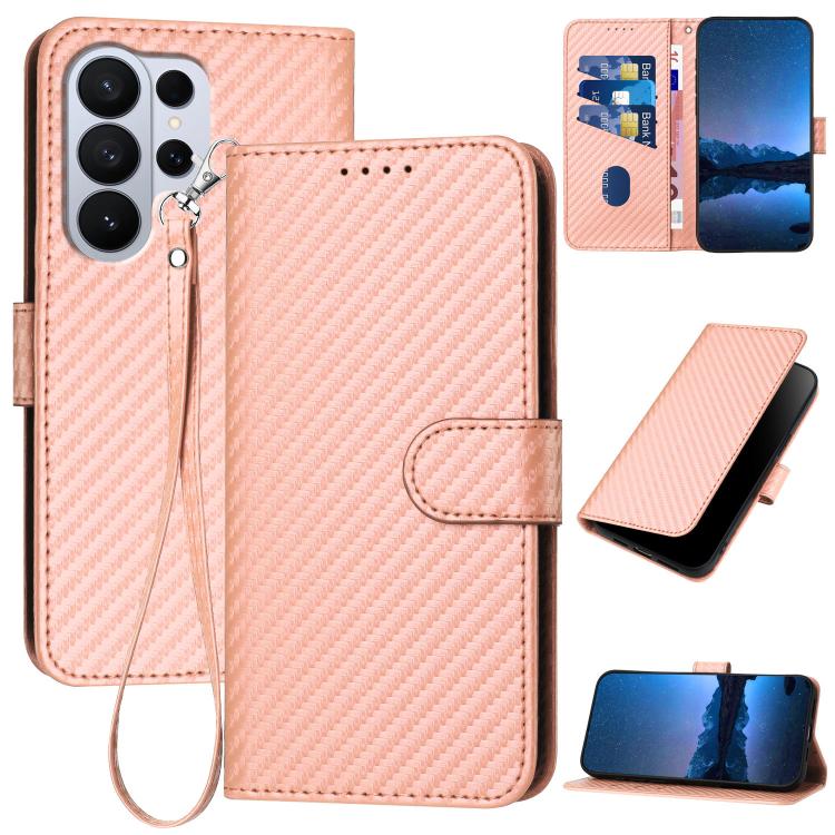YX0070 Custodia per telefono in pelle con fibbia in fibra di carbonio e cordino, For Galaxy S26 FE 5G, For Samsung Galaxy S26 Edge 5G, For Samsung Galaxy S26 Ultra 5G
