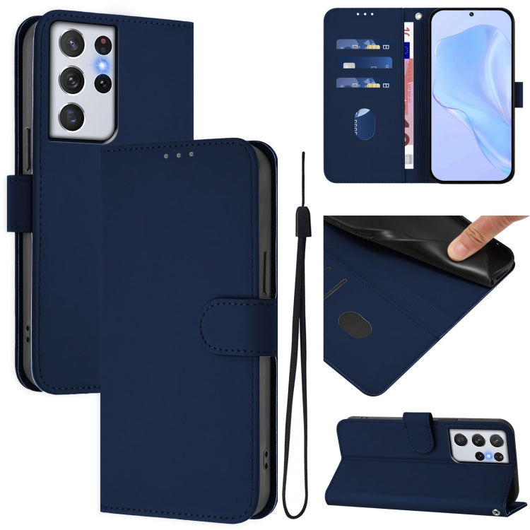 Custodia per telefono in pelle tinta unita effetto pelle con cordino, For Samsung Galaxy S21 Ultra 5G