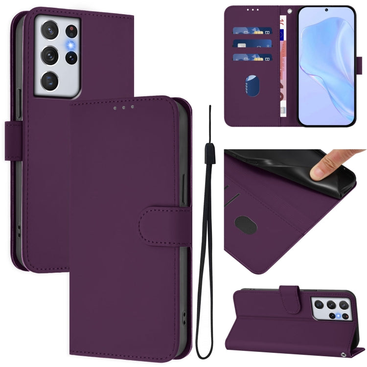 Custodia per telefono in pelle tinta unita effetto pelle con cordino, For Samsung Galaxy S21 Ultra 5G