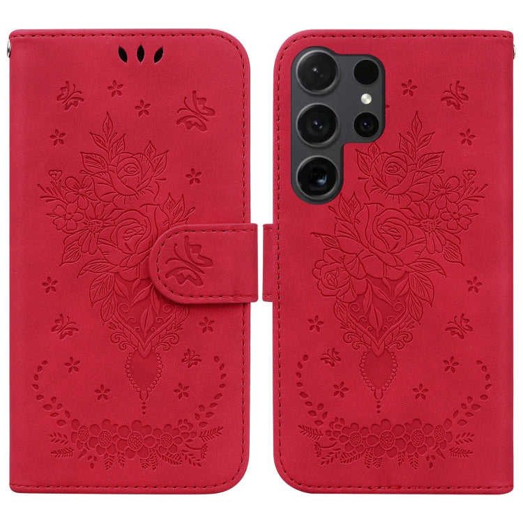 Custodia per telefono in pelle goffrata con farfalla e rosa, For Samsung Galaxy S25 Ultra 5G