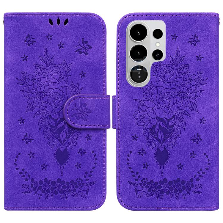 Custodia per telefono in pelle goffrata con farfalla e rosa, For Samsung Galaxy S26+ 5G, For Samsung Galaxy S26 Edge 5G, For Samsung Galaxy S26 Ultra 5G, For Samsung Galaxy S26 5G